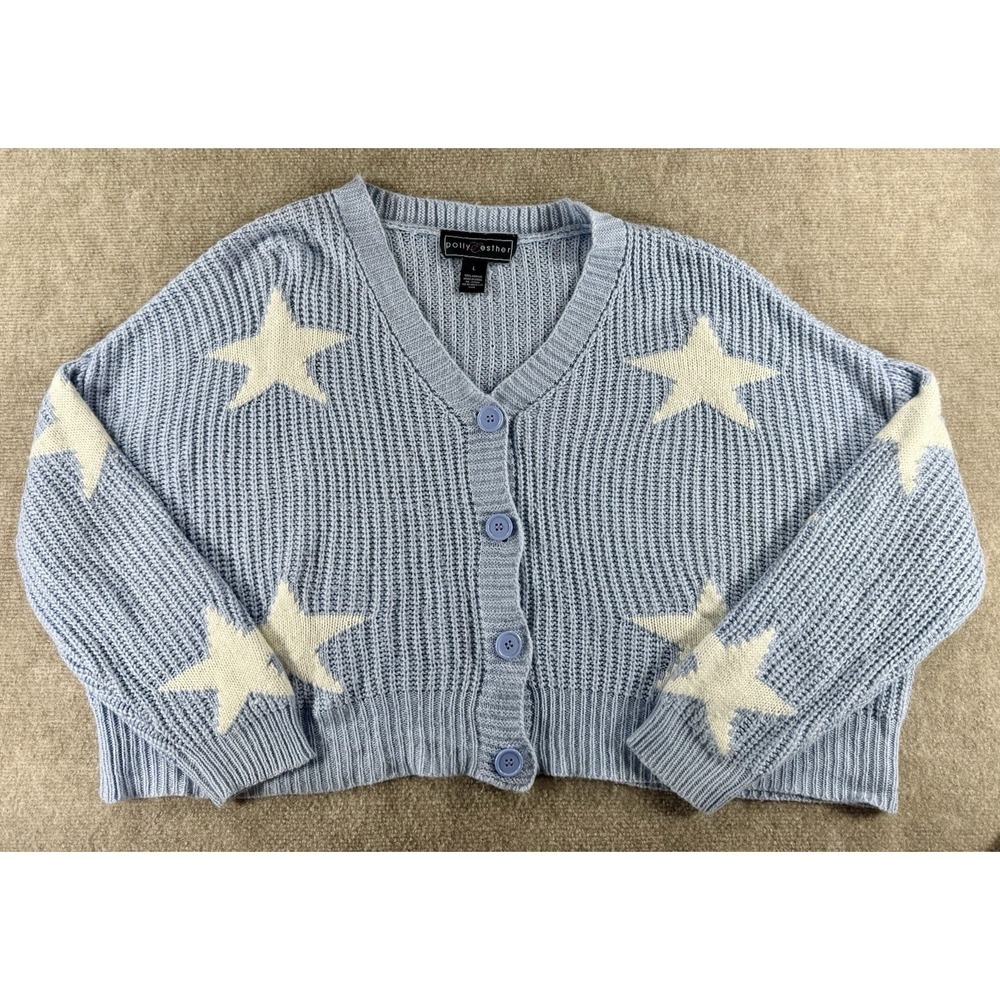 Polly & Esther L Blue‎ White Star Knit Button Front Cropped Cardigan Sweater